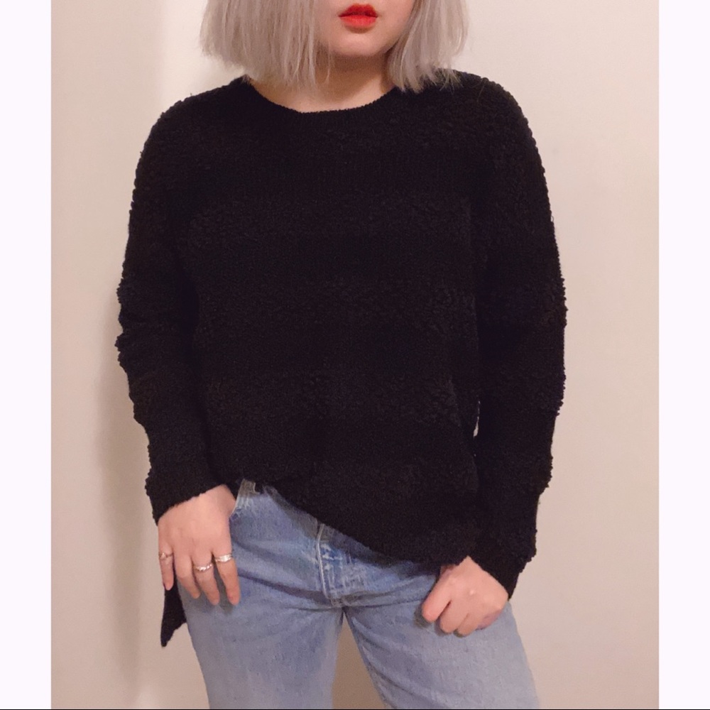 Cozy Black Knit Sweater Striped Dual Material - Picture 1 of 7